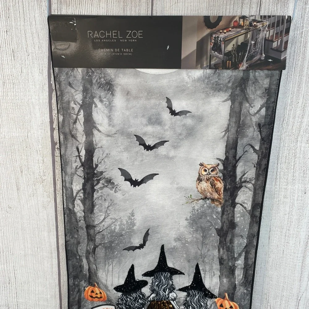 Rachel Zoe Table Runner Halloween 16x72 Gray Witches Sequins Pumpkins Bats Owl